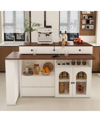  Kitchen Island with Extendable Rotating Table, Walnut Veneer, 4 Drawers, Glass Cabinets