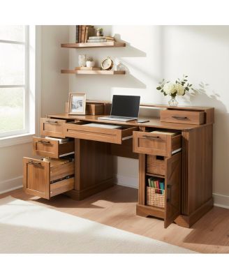 59" Farmhouse Office Desk with Charging Station & Storage Cabinet, Barn Door Design