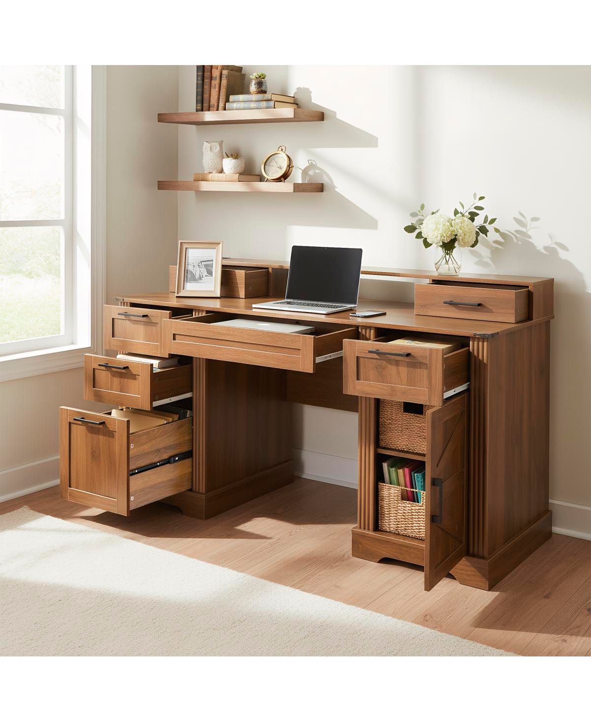 Streamdale Furniture 59" Farmhouse Office Desk with Charging Station & Storage Cabinet, Barn Door Design