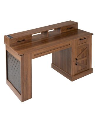 55" Farmhouse Office Desk with Storage, Barn Door Design, Keyboard Tray, Monitor Stand