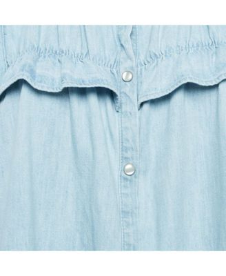 Women's Etoile Light Blue Denim Button Front Ruffled Blouse