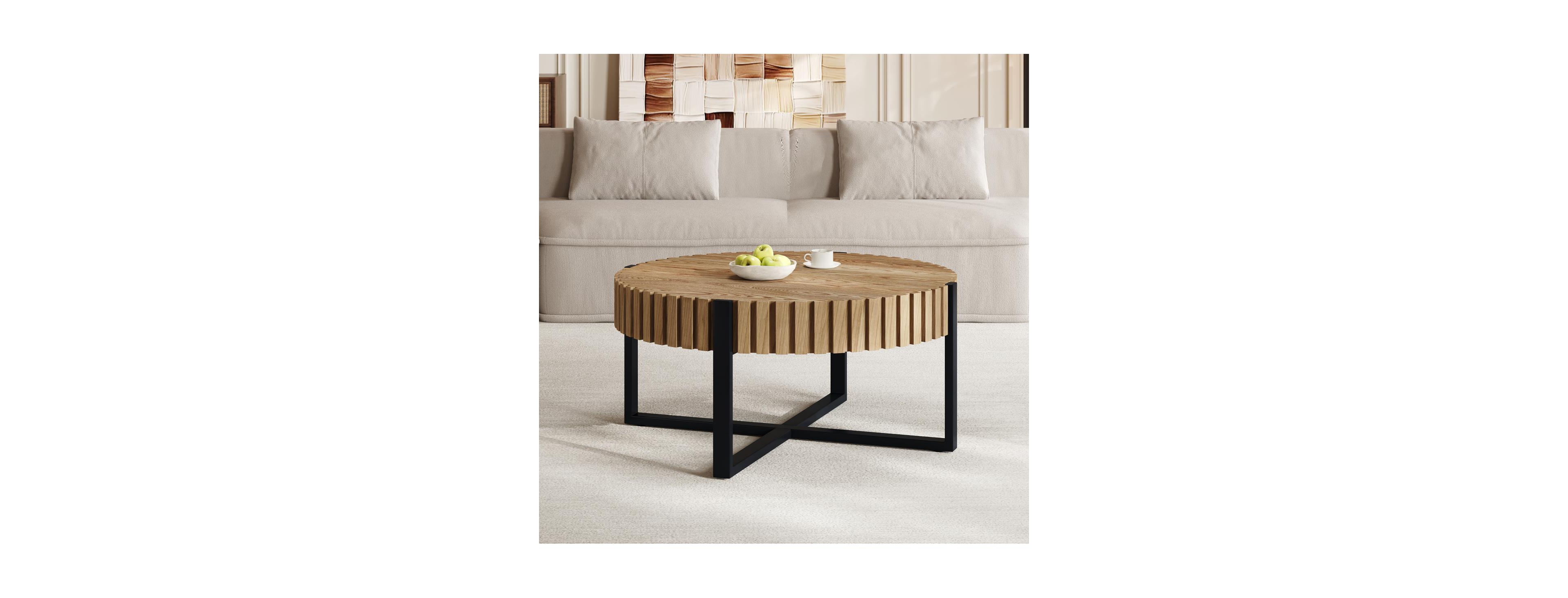 Streamdale Furniture Round Handcraft Drum Coffee Table with Gear Design & Cross Metal Base, 31.5" Modern Compact Table
