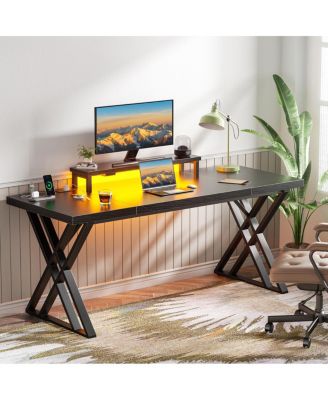 Gaming Desk with USB Charging, LED Lights & Monitor Riser