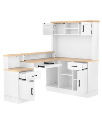 L-Shaped Computer Desk with Outlet, Drawers, Bookshelf, White