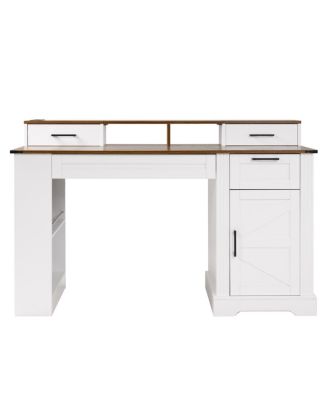 55" Farmhouse Office Desk with Storage, Barn Door Design, Keyboard Tray, Monitor Stand, White