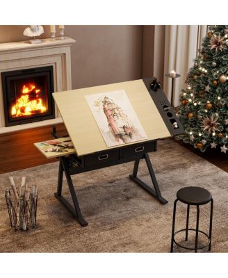 Adjustable Drawing Drafting Table Desk with 2 Drawers & Stool (Maple)