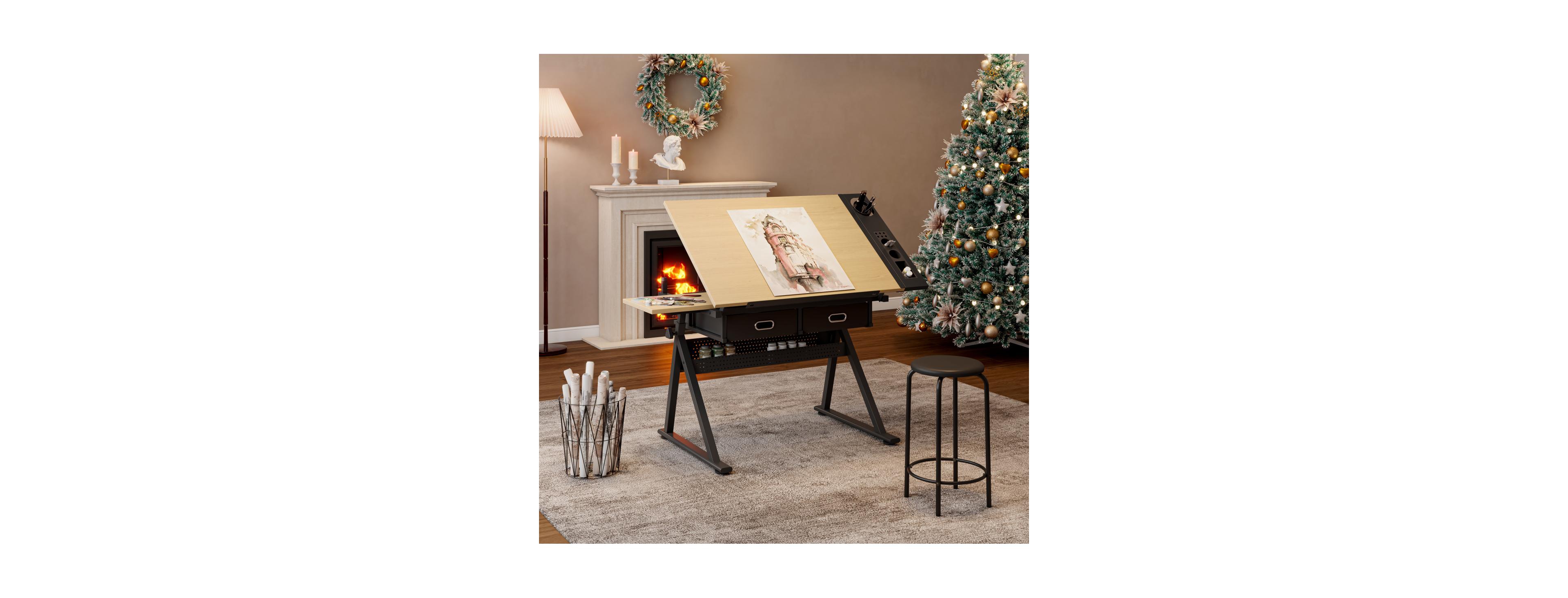 Streamdale Furniture Adjustable Drawing Drafting Table Desk with 2 Drawers & Stool (Maple)