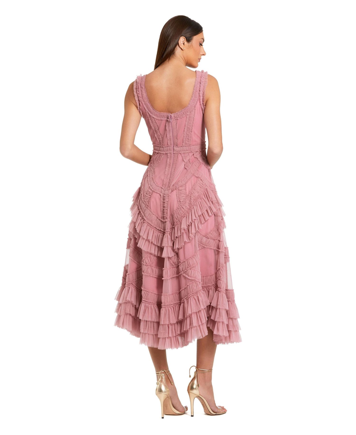 Women's Scoop Neck Sleeveless Mesh Micro Ruffle Midi Dress
