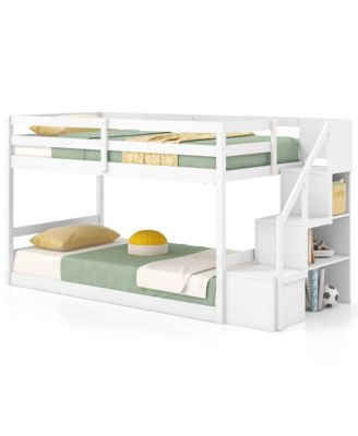Twin Over Twin Low Bunk Bed Solid Wood Floor Bunk Bed Frame with Storage Stairs