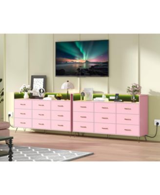 9-Drawer Tall Dresser with RGB Lights & Charging Station, App-Controlled LED Wooden Storage Chest, Pink