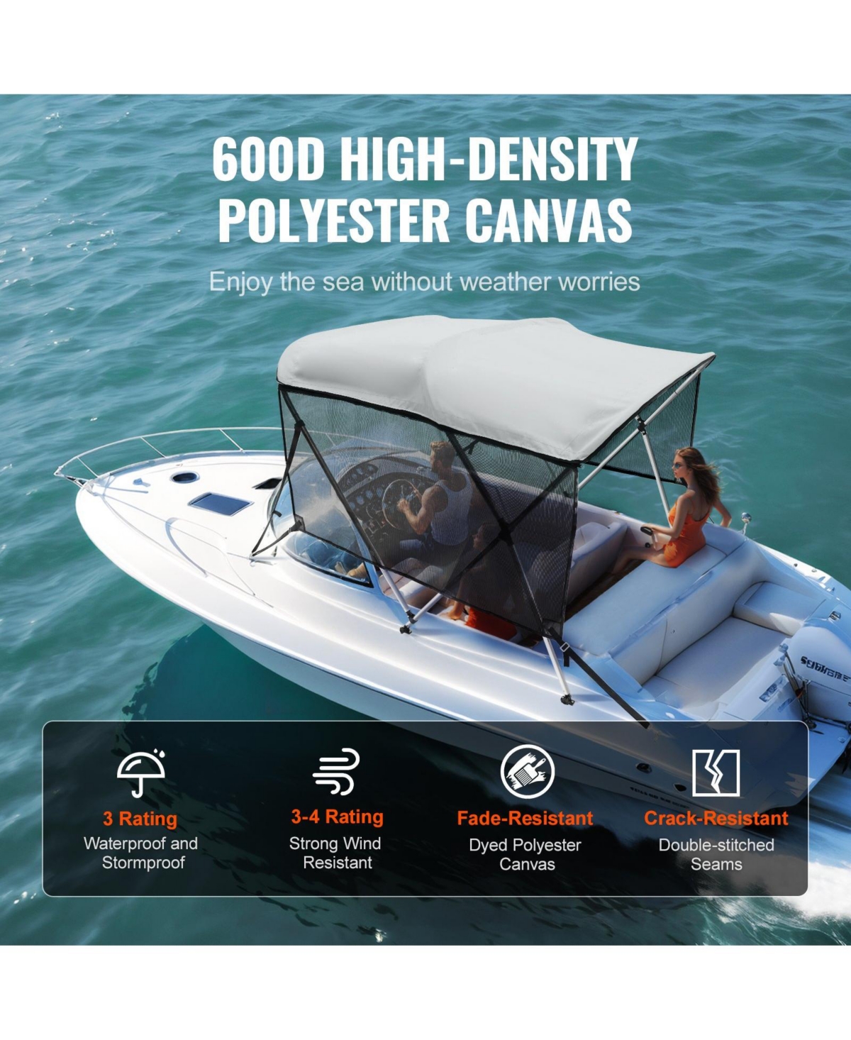 Mecale 3 Bow Bimini Top Boat Cover, 600D Polyester Canopy with Mesh Sidewalls, 1" Aluminum Frame, Storage Boot, Light Grey