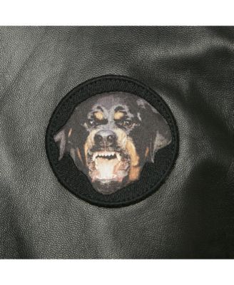 Men's Black Leather Rottweiler Patch Bomber Jacket