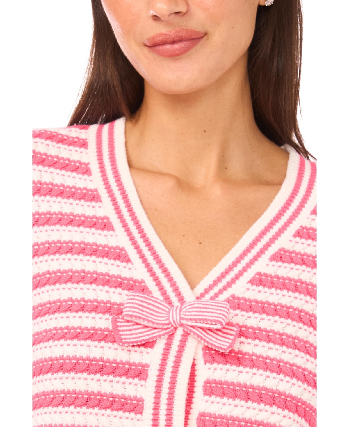 CeCe Women's Ribbon-Trim Striped Long-Sleeve Sweater