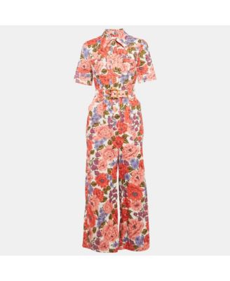 Women's Multicolor Floral Printed Linen Belted Jumpsuit