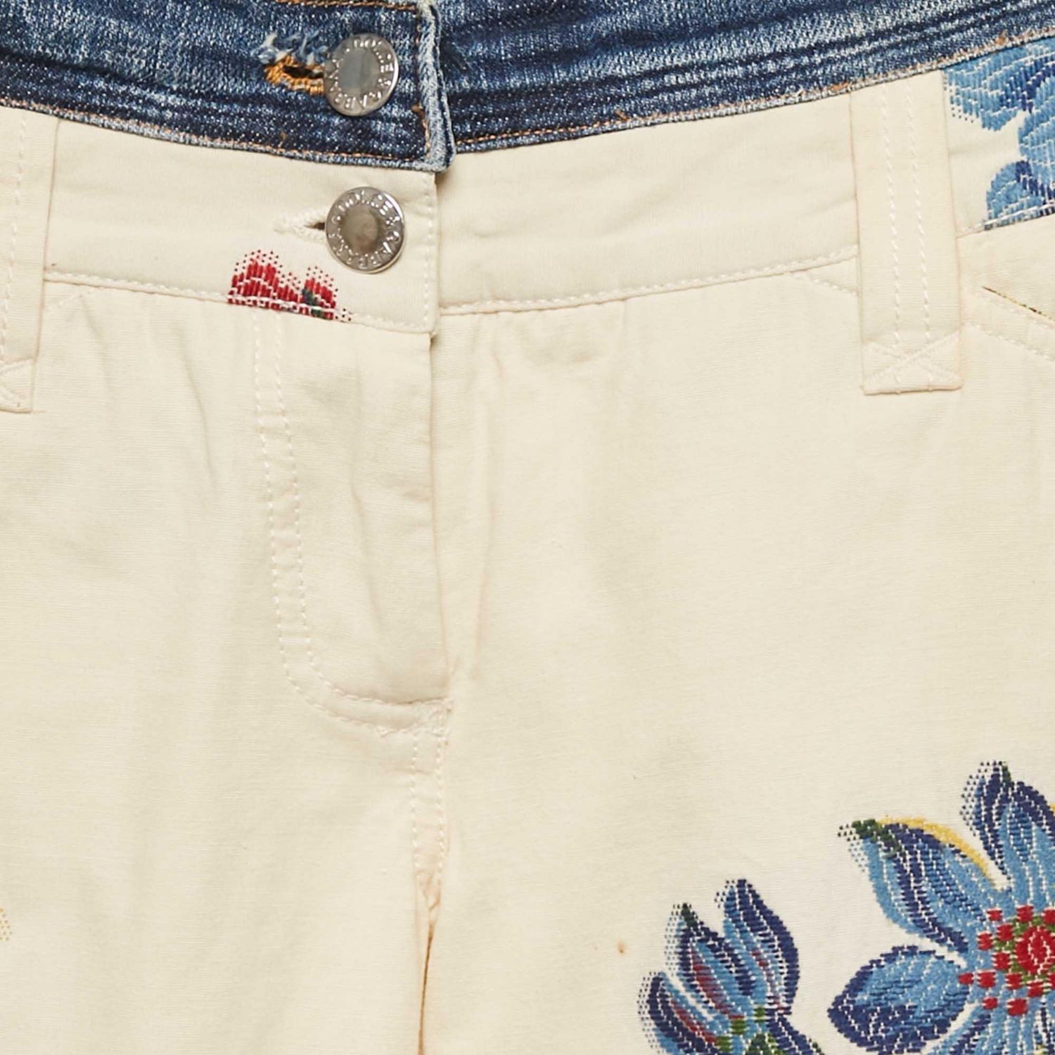 Women's Cream Floral Cross Stitch Printed Cotton Pants