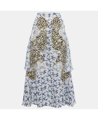 Women's White Printed Silk Ruffled Midi Skirt