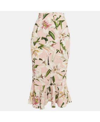 Women's Pink Floral Print Crepe Flounced Skirt