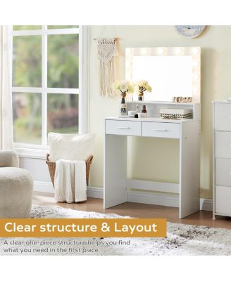 Vanity Desk with Mirror, Lights, Drawer & 2-Level Storage