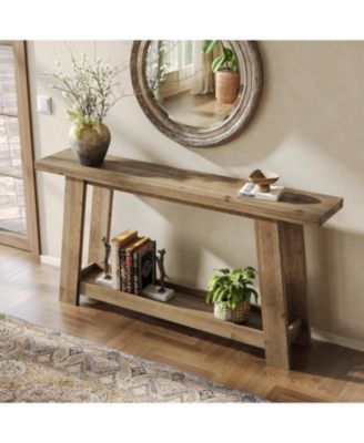 63-Inch Solid Wood Console Table, Farmhouse Entryway Table with 2-Tier Shelf, Narrow Sofa Table Behind Couch