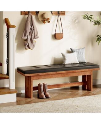 Solid Wood Bench with Cushion, 55" Upholstered Entryway Bench, Button-Tufted Shoe Bench Seat