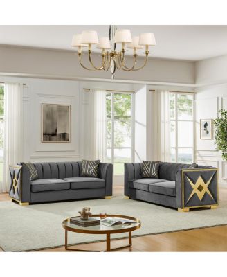 Streamdale Velvet Button Tufted Sofa Couch with 2 Pillows, 3 Seater Chesterfield Sofa Set, Gray