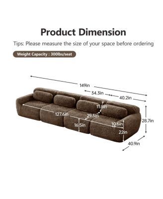 Boneless Sofa, 149" Plush Fabric, Ergonomic Design, Free Combination, Chocolate