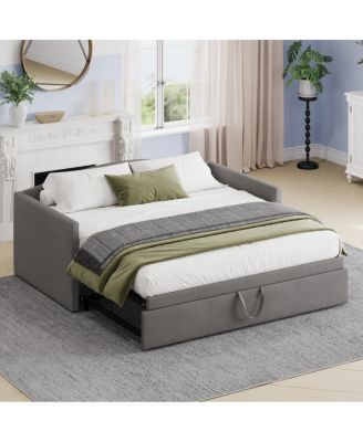 Streamdale Twin Size Daybed with Extended Pop Up Trundle, Velvet, Gray