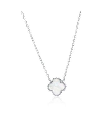 Sterling Silver,Mother of Pearl Clover, Beaded Outline Necklace