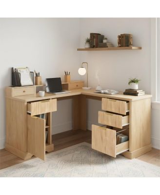  59" Modern Fluted L-Shaped Desk with Charging Station & Storage Cabinet - Oak