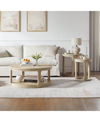  24" 2PC Curved Round Wooden Coffee Table Set, Mid Century Rustic Oak