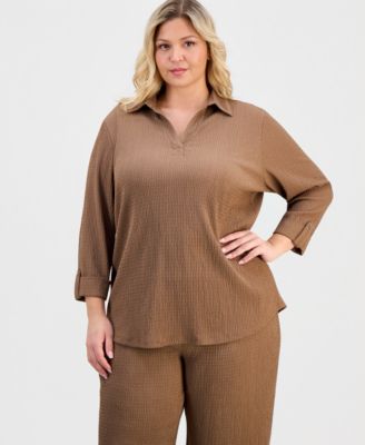 Spread Collar Knit Top & Pull-On Wide-Leg Pants