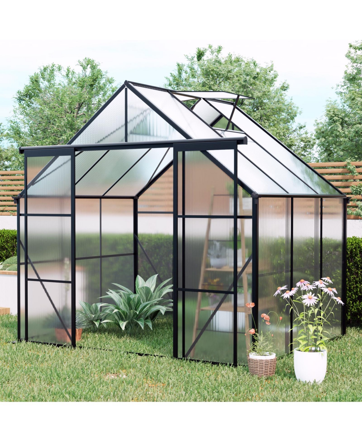 Mondawe 8x6FT Double Door Polycarbonate Greenhouse with Base Anchoring