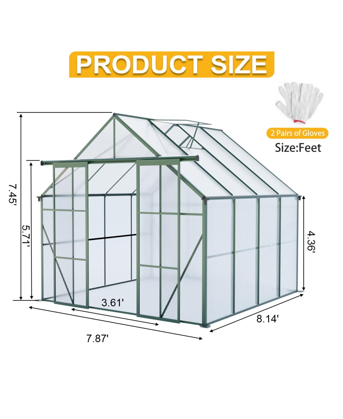 Mondawe 8x8FT Aluminum Double Door Polycarbonate Greenhouse with Raised Base and Anchor