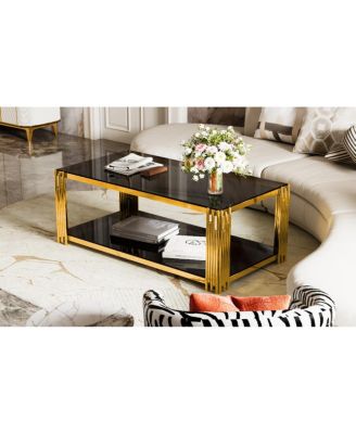 Modern Black Mirror Coffee Table with Gold Finish & Shelf, 47.5