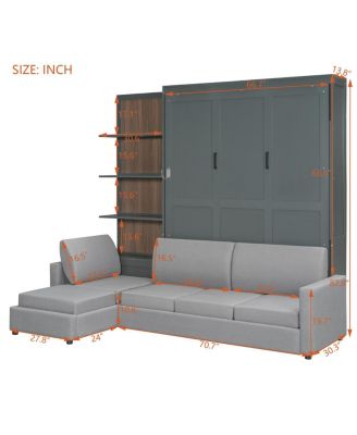 Queen Size Murphy Bed Wall Bed with Sofa and Shelves, Gray