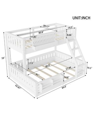 Twin XL over Queen Bunk Bed with Ladder, Guardrails, Pegboard & Bookshelf