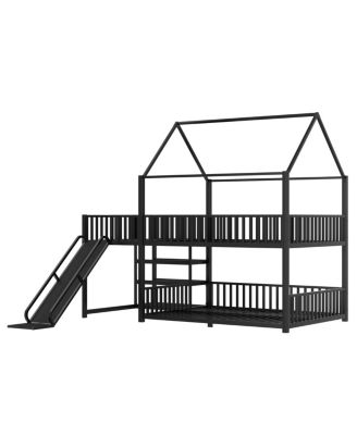 Full Metal House Bunk Bed with Storage Stairs, Slide, Safety Rails