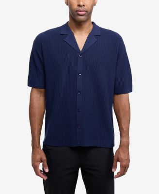 Men's Short Sleeve Vertical Ottoman Camp Collar Button Down Sweater Polo