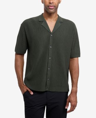 X RAY Men's Short Sleeve Vertical Ottoman Camp Collar Button Down Sweater Polo