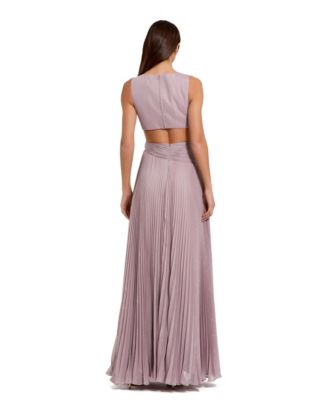 Women's Pleated V-Neck Cutout Gown with Rosette Slit Dress
