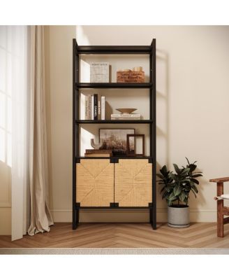 Rattan Cabinet Door Storage Bookshelf with Dual-Function Display/Storage