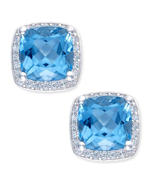 Macy's Blue Topaz (2 ct. t.w.) and Diamond (1/8 ct. t.w.) Halo Stud ...