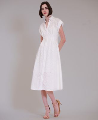 Women's Short-Sleeve V-Neck Eyelet Midi Shirt Dress