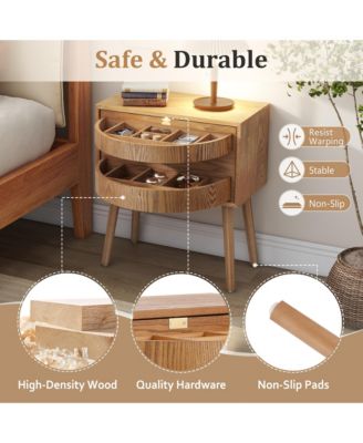 Rotating Hidden Compartment Nightstands, Mid Century Rattan Bedside Table with Flip Drawer and Wood Legs for Living Room, Bedroom