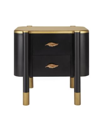 2 Drawers Nightstand with Curved Profile Design, Bedside Table with Metal Feather-Shaped Handles, End Table for Living Room and Bedroom