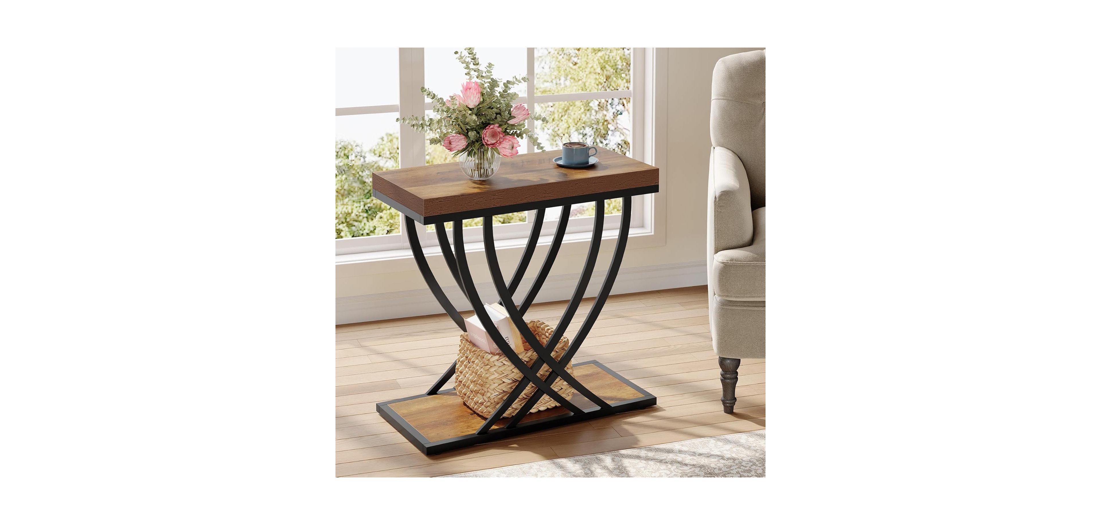 Tribesigns Side Table, 2-Tier Narrow End Table for Living Room, Industrial Nightstand with Metal Frame, Small Bedside Tables