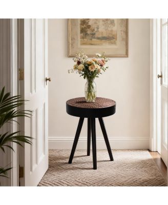 15.7 in. Round Coffee Table with Carved Top – Small Drink Table, Modern Accent Nightstand for Living Room, Bedroom, Office – Easy Assembly