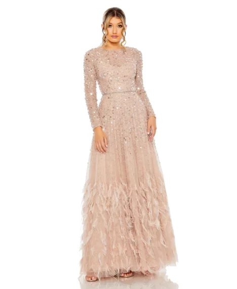 Petite Disc Embellished Sequin Gown with Feather Detail - Dusty rose
