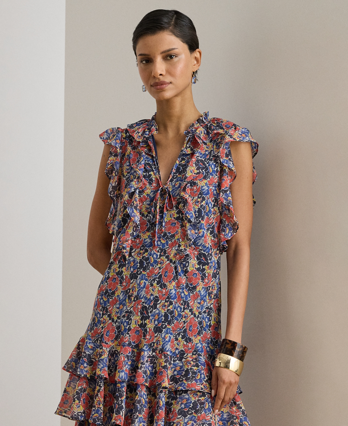 Lauren Ralph Petite Floral Ruffle-Trim Georgette Short Dress