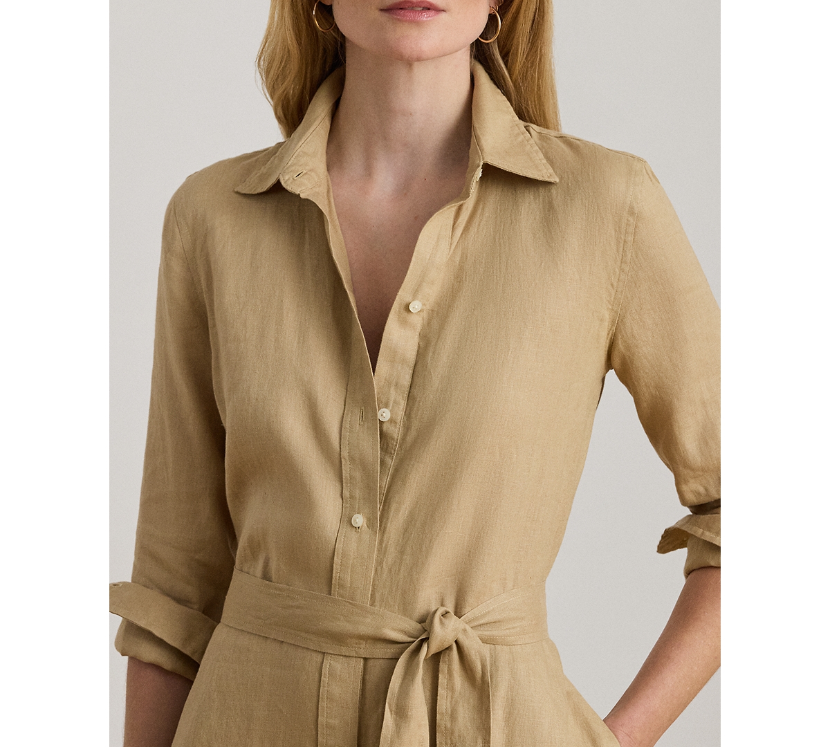 Lauren Ralph Petite Belted Linen Long-Sleeve Maxi Dress